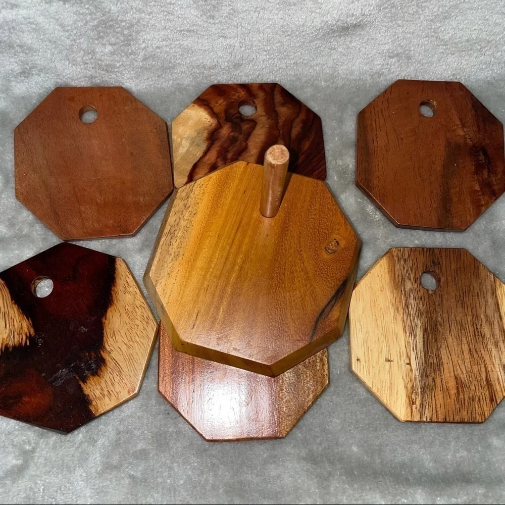 Handmade Wood Octagon Coasters Set of 6 with Holder Geometric Home Decor